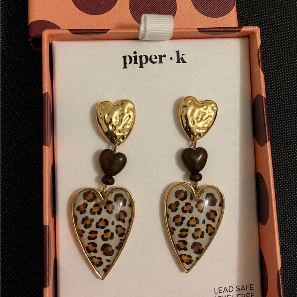 Piper Gold and Brown Leopard Heart Drop Earrings